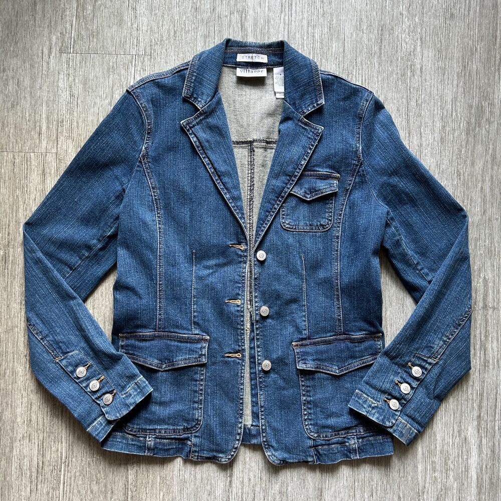Liz Claiborne Villager 90s Button Down Fitted Stretch Blazer Jean Jacket Size 8